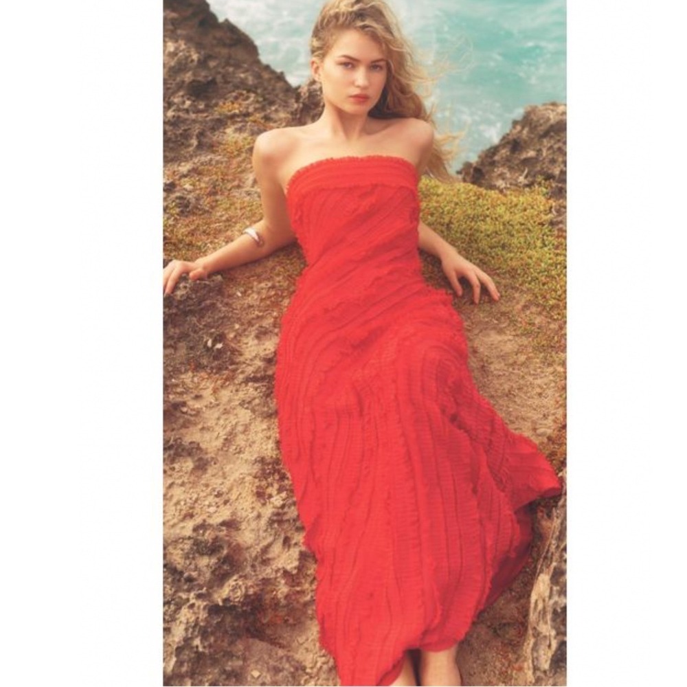 Endless Rose Red Strapless Ruffle Maxi Dress Size S Diagonal Tiered Column Tube